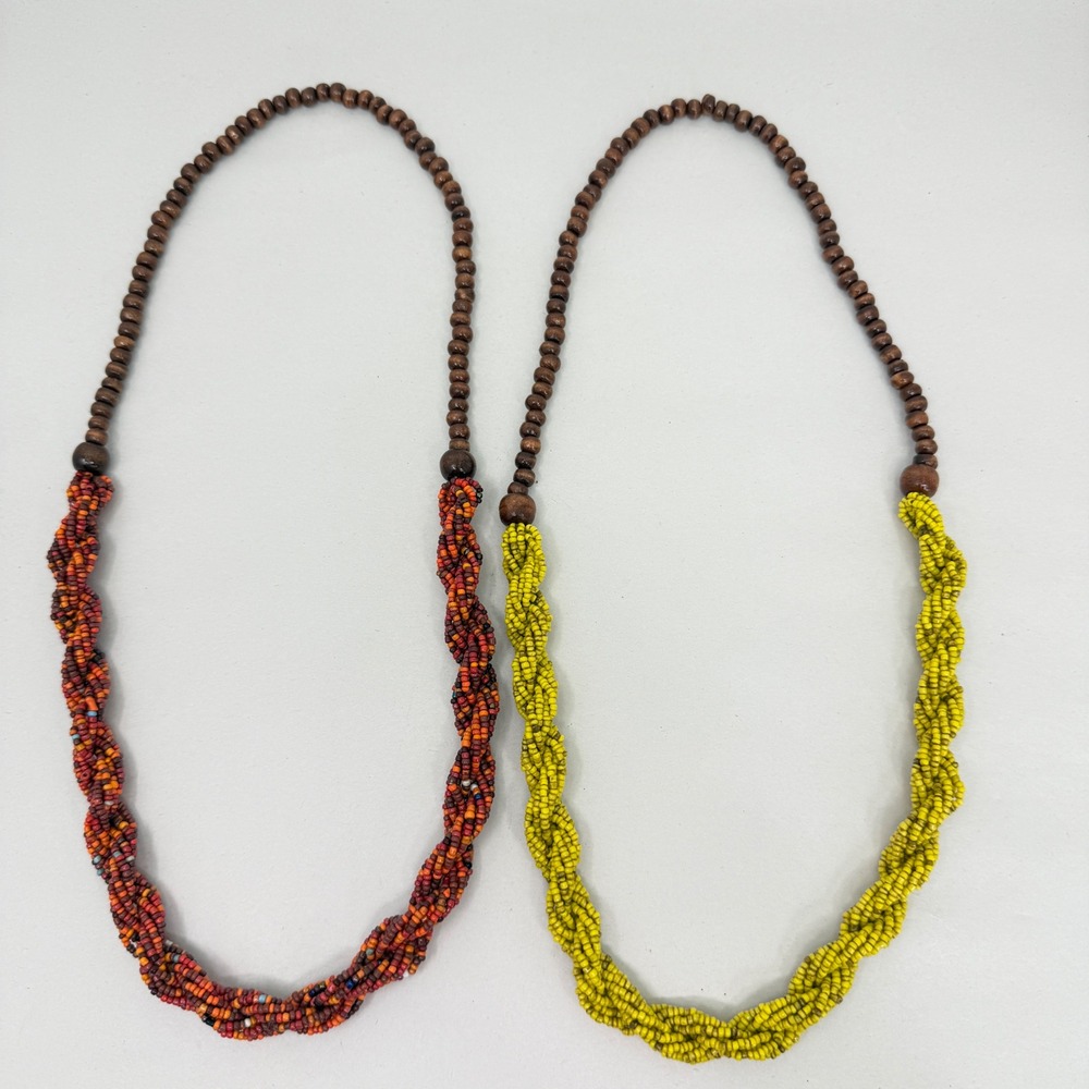 Set‎ of 2 Boho Twisted Seed Bead Necklaces Yellow Orange Multi Wood Bead Accents